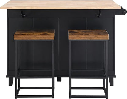 Farmhouse Rustic Dining Table Set with Drop Leaf and 2 Stools,Kitchen Island Set with 4 Drawers,Towel Rack and Storage Cabinet,for Small Places Furniture (Black+Rustic Brown#F)