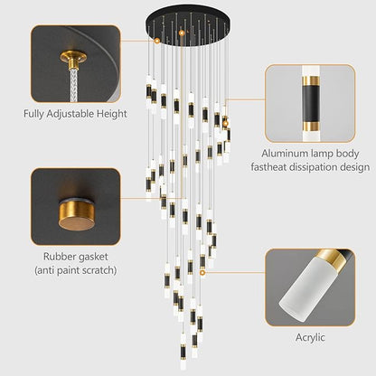 36-Light Modern Chandeliers for Entryway Ceiling Pendant Light Dimmable LED 216W Staircase Large Chandelier Lobby Living Room Foyer High Ceiling Chandelier (Black Gold)