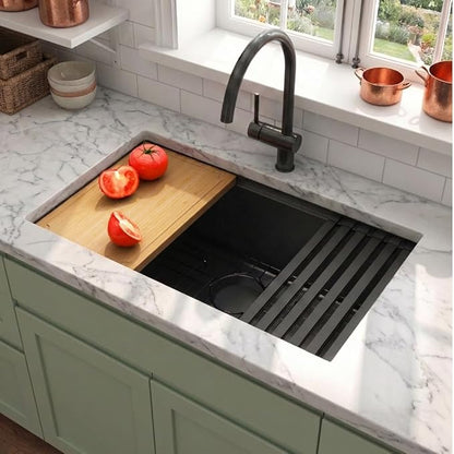 LQS 30 Inch Kitchen Sink, Black Undermount Kitchen Sink, Large Deep Black Workstation Single Bowl Sinks, 16 Gauage T304 Stainless Steel Material, Smart Workstation Ledge With Pratical Accessories
