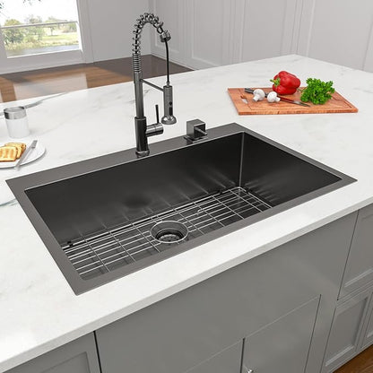 28 Drop Kitchen Sink Black Stainless Steel - Lordear 28x22 inch Gunmetal Black Kitchen Sink Drop In Stainless Steel Sink Single Bowl Gunmetal Black 16 Gauge Topmount Sink Basin