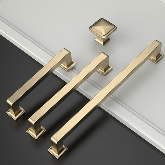 Amerdeco 10 Pack Brushed Brass Square Kitchen Cabinet Knobs Cabinet Hardware Single Hole Cabinet Pulls Gold Drawer Knobs and Pulls for Bathroom Cabinets ZH0019