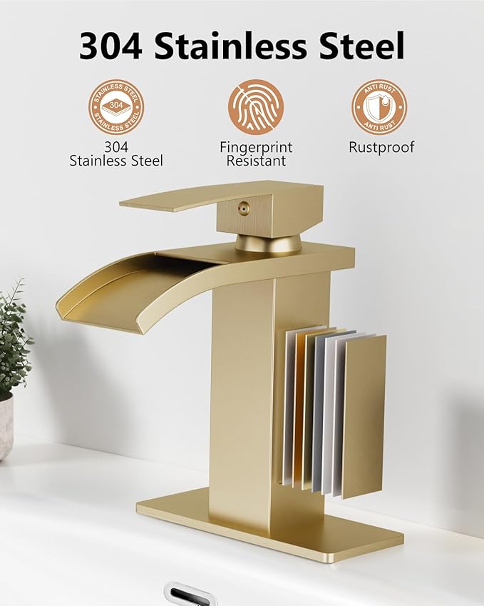 Waterfall Bathroom Faucet 1 Hole, Single Hole Bathroom Faucet, Single Handle Vanity Sink Faucet with Deck Plate, Pop-up Drain & Supply Lines, Brushed Gold