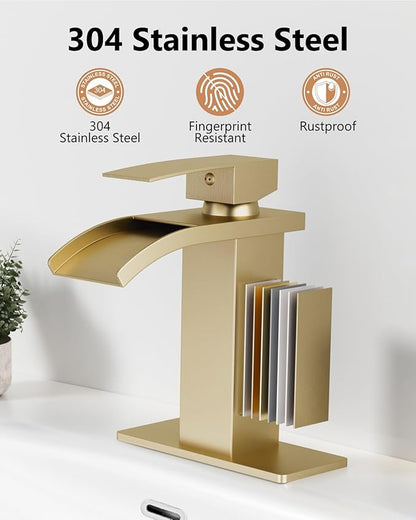 Waterfall Bathroom Faucet 1 Hole, Single Hole Bathroom Faucet, Single Handle Vanity Sink Faucet with Deck Plate, Pop-up Drain & Supply Lines, Brushed Gold