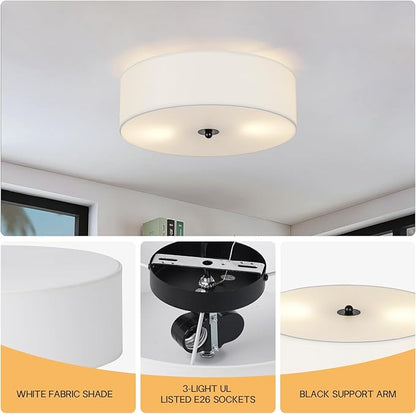 CALOKES Flush Mount Ceiling Light Fixture, 13" Close to Ceiling Light with White Fabric Linen Drum Shade, 2-Light Modern Round Ceiling Light for Bedroom Hallway Dining Kitchen