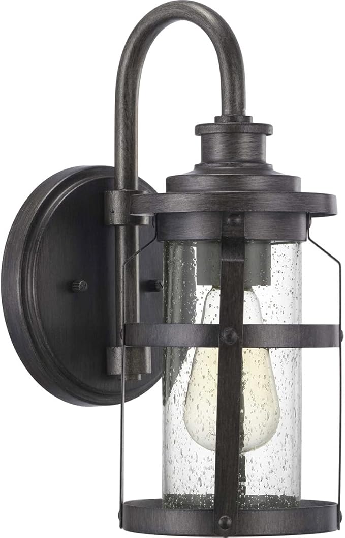 Progress Lighting Haslett Collection 1-Light Clear Seeded Glass Farmhouse Outdoor Small Wall Lantern Light Antique Pewter