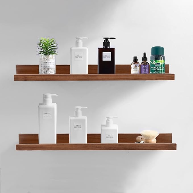 AZSKY Floating Nursery Book Shelves Light Fair Pale Walnut Rustic Picture Photo Ledge Shelves Wall Mounted Wooden Display Shelf for Bathroom Bedroom Kitchen 24 Inch Wall Shelves a Set of 2