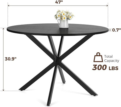 Unovivy 47 Inch Round Dining Table for 4, Space Saving Circle Dining Table with Pedestal Metal Frame, Industrail Modern Round Kitchen Table for Living & Dining Room, Black