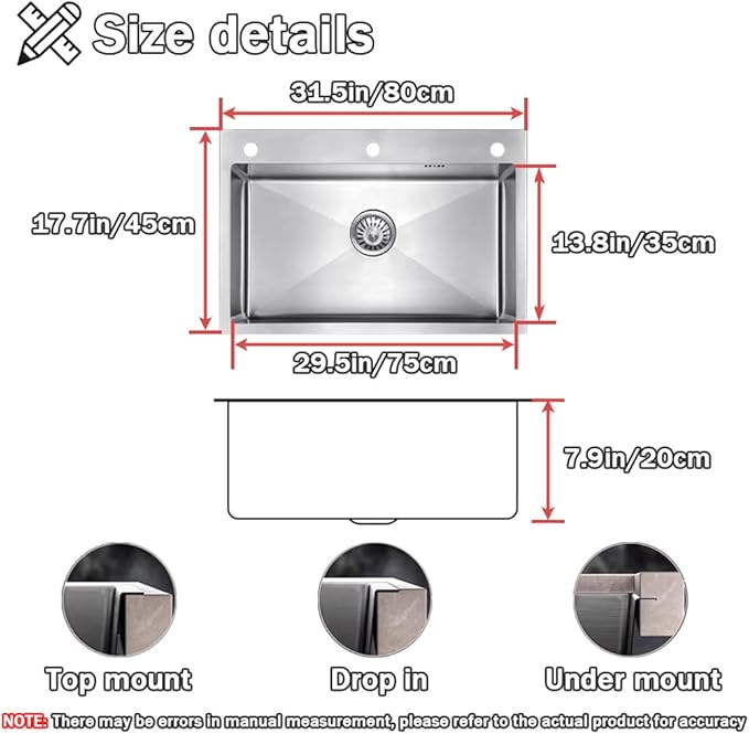 31.5 * 17.7in Drop In Kitchen Sink,Silver Gray Stainless Steel Single Bowl Sink,Topmount Workstation Sink With Pull Out Faucet,Soap Dispenser And Drain Basket