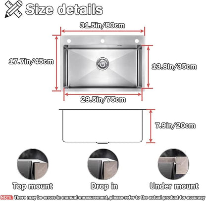 31.5 * 17.7in Drop In Kitchen Sink,Silver Gray Stainless Steel Single Bowl Sink,Topmount Workstation Sink With Pull Out Faucet,Soap Dispenser And Drain Basket