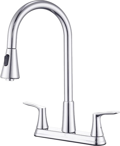 HOMELODY 2 Handles Kitchen Faucet with Pull Down Sprayer for 3 Hole Sink, 8 inch 360° Rotating Spout Centerset Kitchen Sink Faucet with Water Lines Chrome