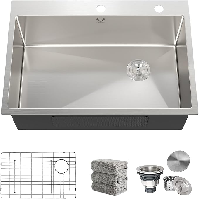Kitchen Sink 30 x 22 Inch Drop-In Top Mount 16 Gauge Deep R10 Single Bowl 2-Hole Stainless Steel Kitchen Sink and Accessories (Pack of 4)