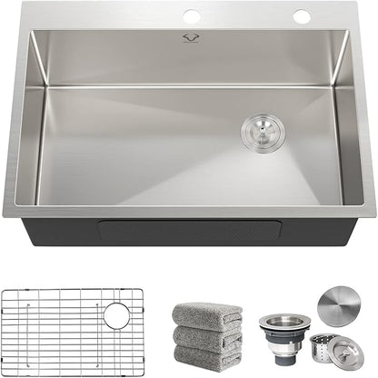 Kitchen Sink 30 x 22 Inch Drop-In Top Mount 16 Gauge Deep R10 Single Bowl 2-Hole Stainless Steel Kitchen Sink and Accessories (Pack of 4)