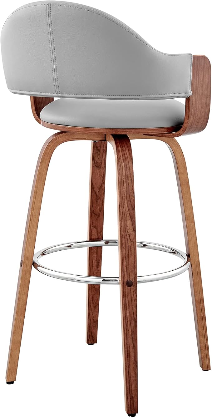Armen Living Daxton Mid Century Modern Swivel Bar Stool for Kitchen Island Counter in Gray Faux Leather and Walnut Wood, 26" Seat Height