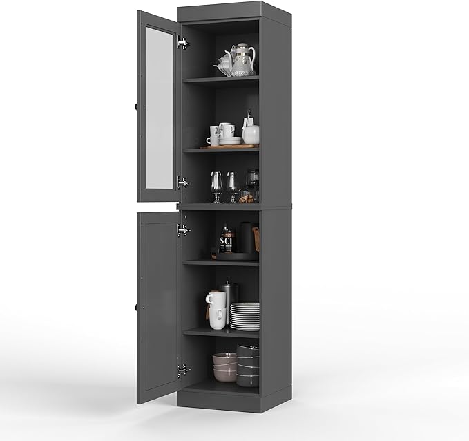 Palace Imports Solid Wood Kitchen Pantry - Narrow Storage Cabinet - 16.5" Wide x 71.5" Tall - 1 Raised Panel & 1 Glass Door, Gray, Adjustable Shelves, 100% Eco-Friendly Wood, Modular Cabinets