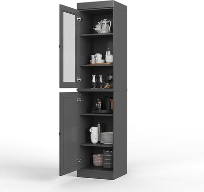 Palace Imports Solid Wood Kitchen Pantry - Narrow Storage Cabinet - 16.5" Wide x 71.5" Tall - 1 Raised Panel & 1 Glass Door, Gray, Adjustable Shelves, 100% Eco-Friendly Wood, Modular Cabinets