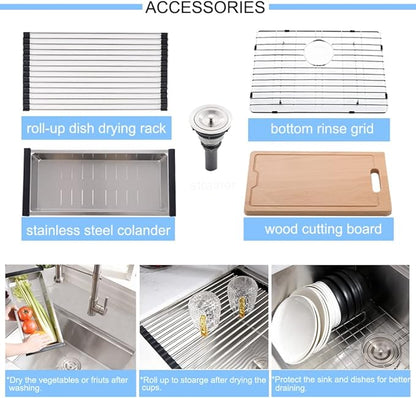 24 Inch Undermount Kitchen Sink, BoomHoze 24 x 19 Inch Sink Kitchen 16 Gauge Stainless Steel Workstation Undermount Single Bowl Outdoor