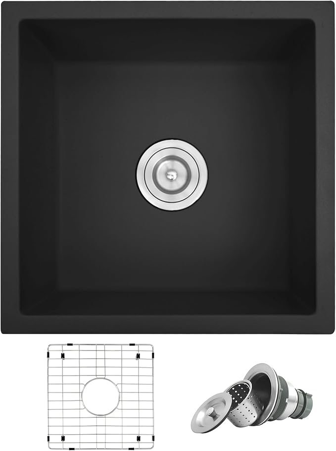 Rhbamoa Black Bar Sink Granite Composite,Black Kitchen Sink Undermount,18 inch Bar Prep RV Sinks, 18''x18'' Small Single Bowl Quartz Kitchen Sinks with Accessories
