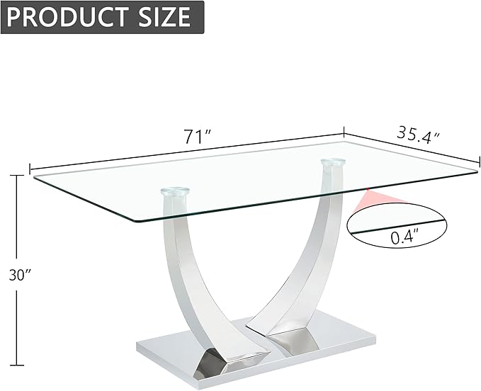 71” Glass Dining Table for 6-8, Modern Dining Room Table with 0.4” Thick Tempered Glass Top, Sturdy Silver Kitchen Table with Metal U-Shaped Legs for Kitchen Dining Room
