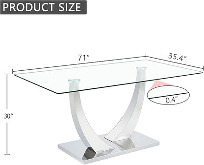 71” Glass Dining Table for 6-8, Modern Dining Room Table with 0.4” Thick Tempered Glass Top, Sturdy Silver Kitchen Table with Metal U-Shaped Legs for Kitchen Dining Room