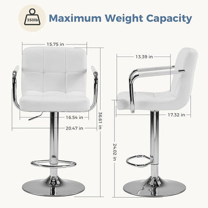 DUMOS Bar Stools Set of 4, Adjustable Swivel Bar Chairs with Padded Armrests and Ergonomic Backrest for Kitchen Island Counter Pub Dining Room, Water-Resistant PU Leather, White