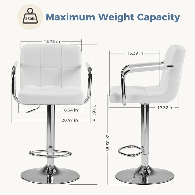 DUMOS Bar Stools Set of 2, Adjustable Swivel Bar Chairs with Padded Armrests and Ergonomic Backrest for Kitchen Island Counter Pub Dining Room, Water-Resistant PU Leather, White