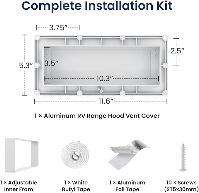 Safoner Aluminum RV Stove Vent Hood Cover for Adjustable Range Exhaust Depth, Includes Butyl Tape, Exterior Kitchen Replacement Camper Accessories for Travel Trailers and Motorhomes- White