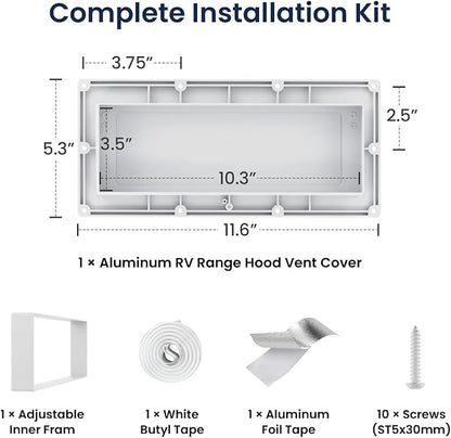 Safoner Aluminum RV Stove Vent Hood Cover for Adjustable Range Exhaust Depth, Includes Butyl Tape, Exterior Kitchen Replacement Camper Accessories for Travel Trailers and Motorhomes- White