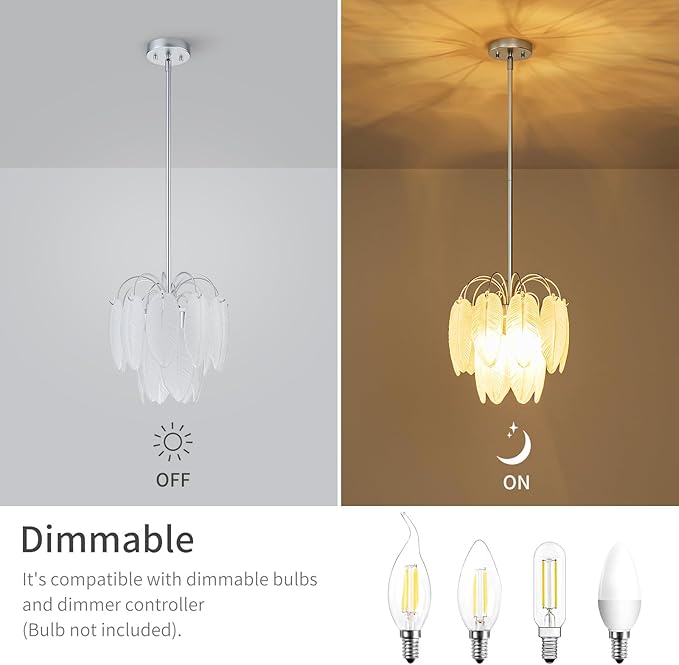 LumFurn D12 inch Glass Chandeliers, 3-Light Modern Pendant Light Fixture for Dining Room, Living Room, D12x18~47 in(Adjustable Height), White Frosted Glass Feather Shade & Silver Finish Frame