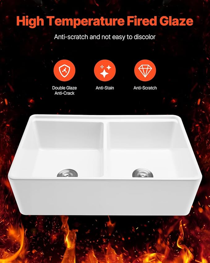 VEVOR 33x20 inch Farmhouse Sink, White Sink Workstation, Fireclay Undermount Basins, Apron Front Double Bowl Basin with Multiple Accessories, Large Capacity Household Dishwasher Sinks for Kitchen