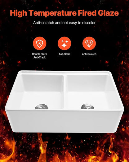 VEVOR 33x20 inch Farmhouse Sink, White Sink Workstation, Fireclay Undermount Basins, Apron Front Double Bowl Basin with Multiple Accessories, Large Capacity Household Dishwasher Sinks for Kitchen