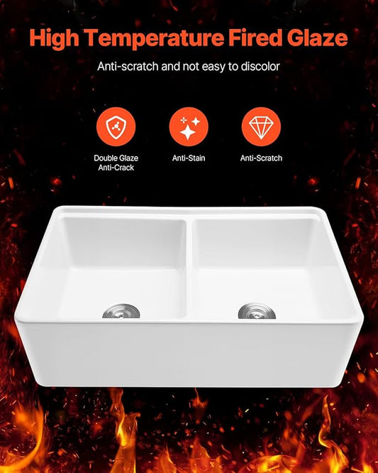 VEVOR 33x20 inch Farmhouse Sink, White Sink Workstation, Fireclay Undermount Basins, Apron Front Double Bowl Basin with Multiple Accessories, Large Capacity Household Dishwasher Sinks for Kitchen