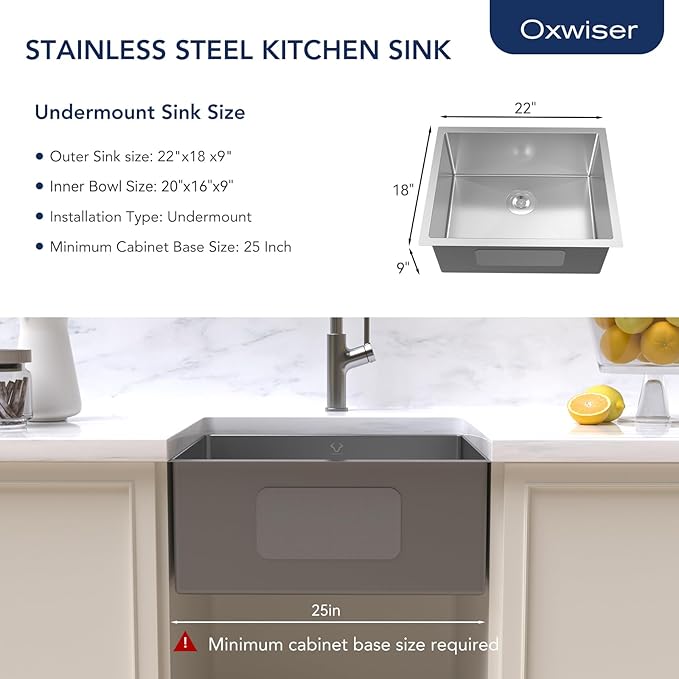 22 Inch Undermount Kitchen Sink 16 Gauge Stainless Steel Single Bowl Utility Laundry Sink Outdoor Kitchen Sinks RV Bar Sink with Accessories 22"x18"x9"