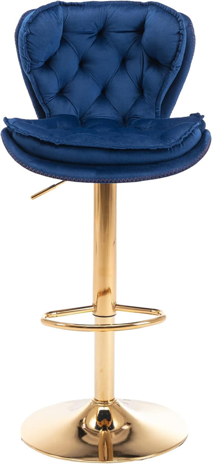 Rhomtree 24-33 Inch Swivel Bar Stools, Adjustable Counter Height Barstools, Velvet Tufted Back and Golden Footrest, Bar Chairs for Kitchen Island, Cafe, Bar, Bar Counter, Coffee(Navy Blue Set of 2)