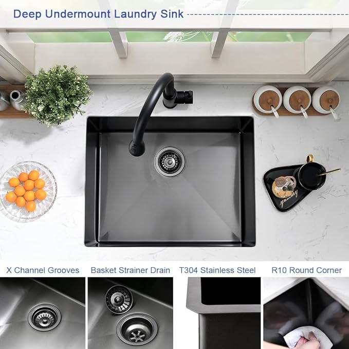 Black Stainless Steel Utility Sink Undermount-Hovheir 21"x18"x12" Matte Black Stainless Steel Laundry Sink Undermount Laundry Room Sink 16 Gauge Single Bowl Deep Kitchen Sink Outdoor Sinks