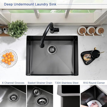 Black Stainless Steel Utility Sink Undermount-Hovheir 21"x18"x12" Matte Black Stainless Steel Laundry Sink Undermount Laundry Room Sink 16 Gauge Single Bowl Deep Kitchen Sink Outdoor Sinks