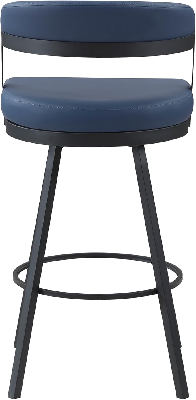 Lexicon Swivel Bar Stools Set of 2 - Bar Height Stools for Kitchen Island, Padded Seat, Open Back, Sturdy Black Metal Frame Finish and Blue Faux Leather Cushion Seat, Blue