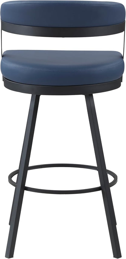 Lexicon Swivel Bar Stools Set of 2 - Bar Height Stools for Kitchen Island, Padded Seat, Open Back, Sturdy Black Metal Frame Finish and Blue Faux Leather Cushion Seat, Blue