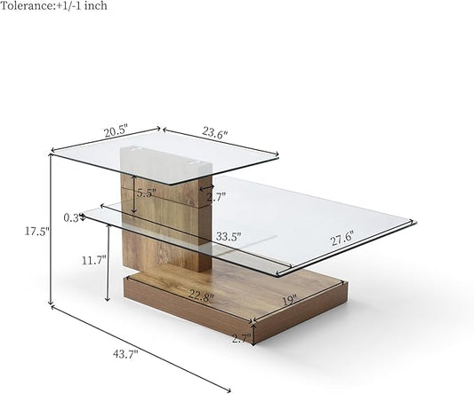 Glass Coffee Table with Storage, 44 Inch Rectangular Coffee Tables for Living Room, 3-Tier Tempered Glass Wooden Center Table Modern Accent Cocktail Table for Home Office (Wood)