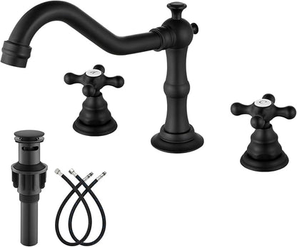 gotonovo Bathroom Faucet 3 Hole 8 Inch Widespread Bathroom Sink Faucet 2 Cross Handles Vintage Lavatory Vanity Mixer Tap with Pop Up Drain, H C Label, Matte Black