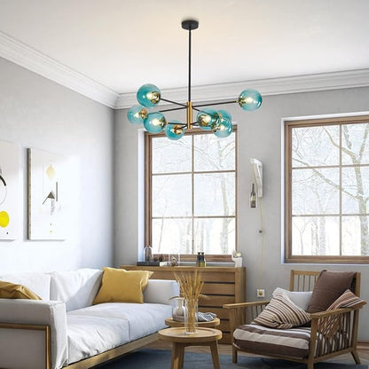BOKT Modern Sputnik Chandelier 8-Lights Blue Glass Globe Chandelier Mid Century Pendant Light Fixture for Dining Room, Living Room, Island Kitchen, Bedroom