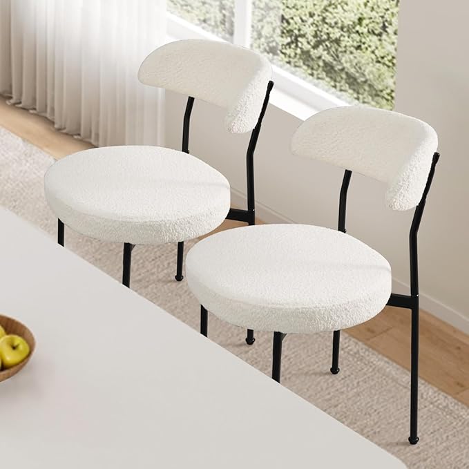 White Boucle Dining Chair Set of 2, Modern Oval Upholstered Dining Chairs with Curved Back and Metal Leg for Dining Room,Restaurant,Kitchen Island(Black Leg)