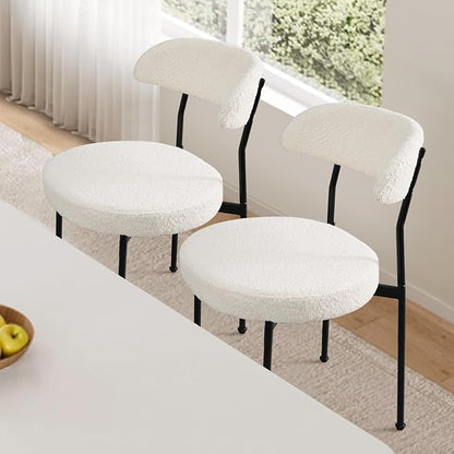White Boucle Dining Chair Set of 2, Modern Oval Upholstered Dining Chairs with Curved Back and Metal Leg for Dining Room,Restaurant,Kitchen Island(Black Leg)