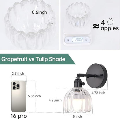 Shenmoyl Vintage Battery Operated Wall Sconce with Transparent Tulip Glass Lampshade Rechargeable Battery Powered Black Wall Light with Remote Control for Bedside Bedroom Doorway, Set of 2