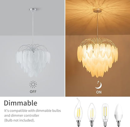 LumFurn D21inch Glass Chandeliers, 8-Light Modern Pendant Light Fixture for Dining Room, Living Room, D21 x H24~54" Adjustable Height, Frosted Feather-Shaped Glass Shade & Silver Finish Frame