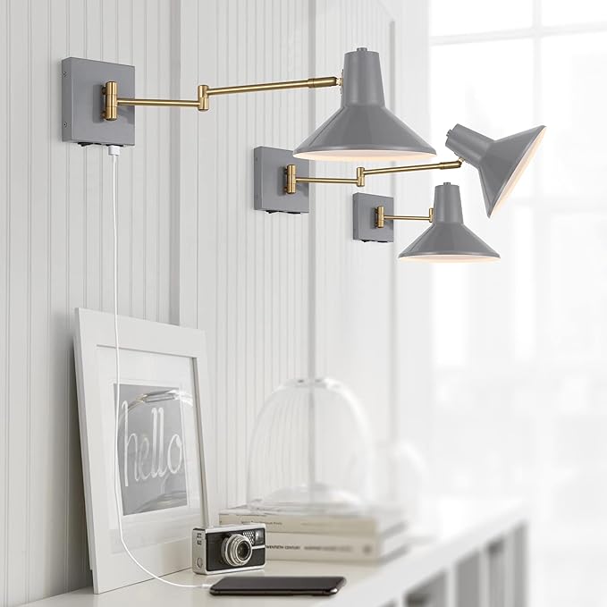 JONATHAN Y 16" Grey/Brass Gold 1-Light Modern Swing Arm Sconce with USB Port, Plug-in Midcentury LED Bedside Lamp with White Iron Shade for Bedroom Living Room (JYL1302C)