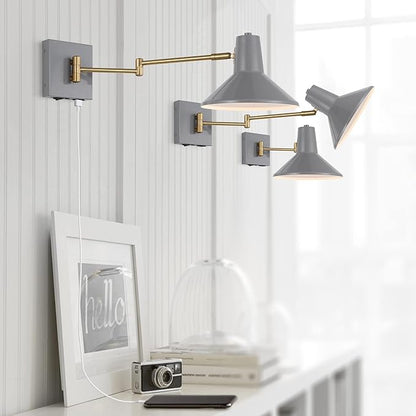 JONATHAN Y 16" Grey/Brass Gold 1-Light Modern Swing Arm Sconce with USB Port, Plug-in Midcentury LED Bedside Lamp with White Iron Shade for Bedroom Living Room (JYL1302C)