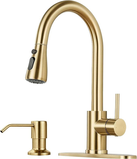 Pull Down Kitchen Faucet with Soap Dispenser - Brushed Gold Single Handle Kitchen Faucets, High Arc Stainless Steel Pull Out Kitchen Sink Faucet with Deck for RV Laundry Farmhouse Bar