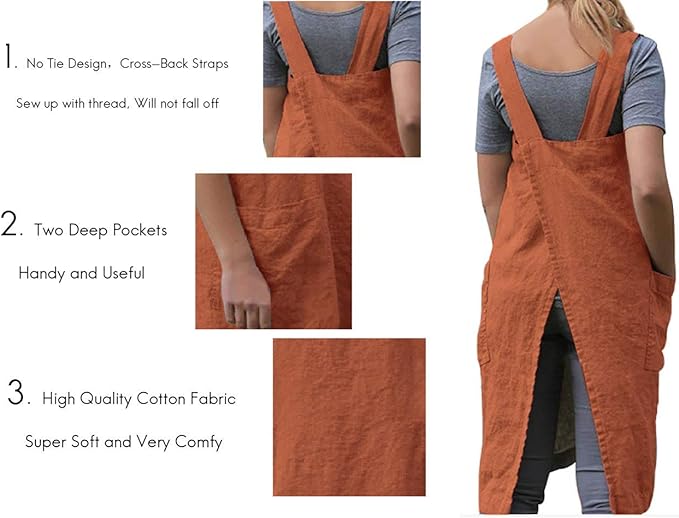 Larmliss Women's Pinafore Square Apron Baking Cooking Gardening Works Cross Back Cotton/Linen Blend Dress with 2 Pockets