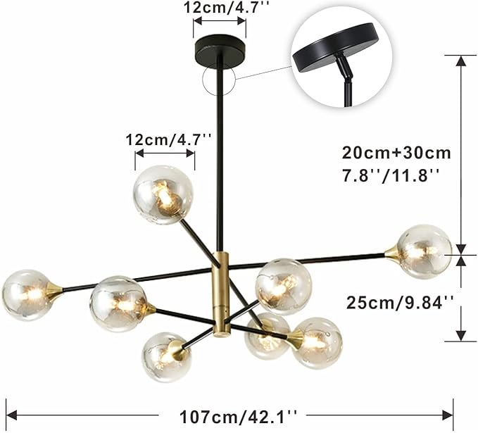 BOKT Black Gold Chandelier Pendant Light Mid Century Modern Sputnik Chandelier Light Fixture Globe Flush Mount Ceiling Light Amber Glass Ball Chandelier Kitchen Island Lighting