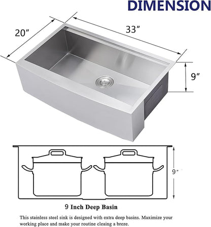 VAPSINT 33 Inch Farmhouse Kitchen Sink, 33x20x9 Inches Stainless Steel Undermount 16 Gauge Deep Single Bowl Apron Front Workstation Ledge Farm Sink with Accessories
